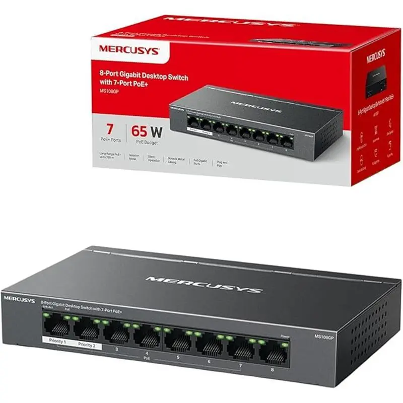 8-Port Gigabit Desktop Switch with 7-Port PoE+, PoE Power Budget 65W, compatible with 802.3af/at PDs, Power management, metal case, Plug & Play, No Configuration Required (MS108GP) 5
