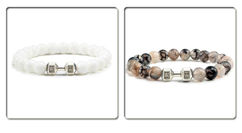 Product Introduction of Natural Volcanic Stone Bracelet Men Matte Black Lave White Beads Charm Dumbbell Strand Bracelets Women Barbell Fitness Jewelry 25