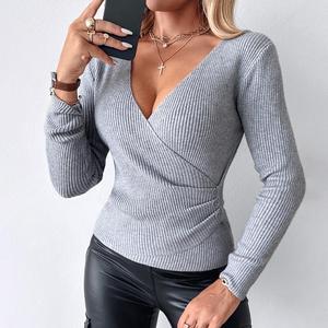2025 FW ChicMe Woemn's V-Neck Ruched Side Button Decor Knit Sweater Slim Fit Pullover Top