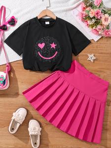 Girl's Star Print Tee & Plain Skirt Two-piece Set, Cute Casual Short Sleeve T-shirt & Pleated Skirt for Daily Wear, Kids Summer Clothes