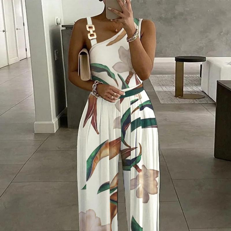 Women's Floral Print Ring Linked Asymmetrical Neck Plicated Jumpsuit, Boho Casual High Waist Wide Leg Jumpsuit for Summer, Summer Clothes 2025 2