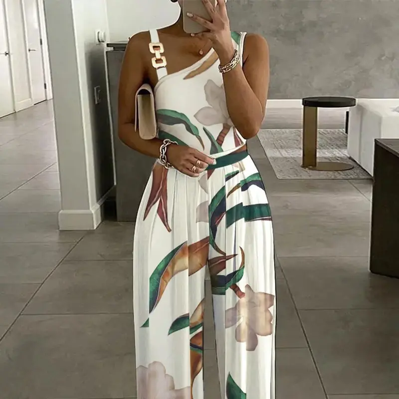 Women's Floral Print Ring Linked Asymmetrical Neck Plicated Jumpsuit, Boho Casual High Waist Wide Leg Jumpsuit for Summer, Summer Clothes 2025 2