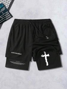 Men's Cross ＆ Letter Print 2 in 1 Shorts, Casual Loose Shorts for Summer, Men's Bottoms for Daily Wear