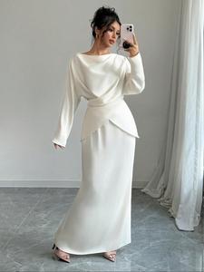 Women's Solid Boat Neck Tie Back Top & Skirt Two-piece Set, Casual Fashion Cozy Top & Long Sleeve Skirt for Daily Outdoor Wear, Co-ord Sets, Women's Clothing for Spring & Fall, Gift, Chic Womenswear