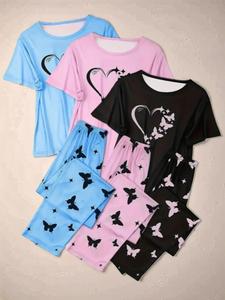 Women's Heart & Butterfly Print Pyjama Set, Aesthetic Fit Lady Comfy Fitted Shortsleeve T-shirt & Elastic Waist Trousers Set, Women Sleepwear Homewear for All Seasons, Pajamas, Pajama Sets Women, Loungewear, Casual Comfy Pajama, Knitting Pjs