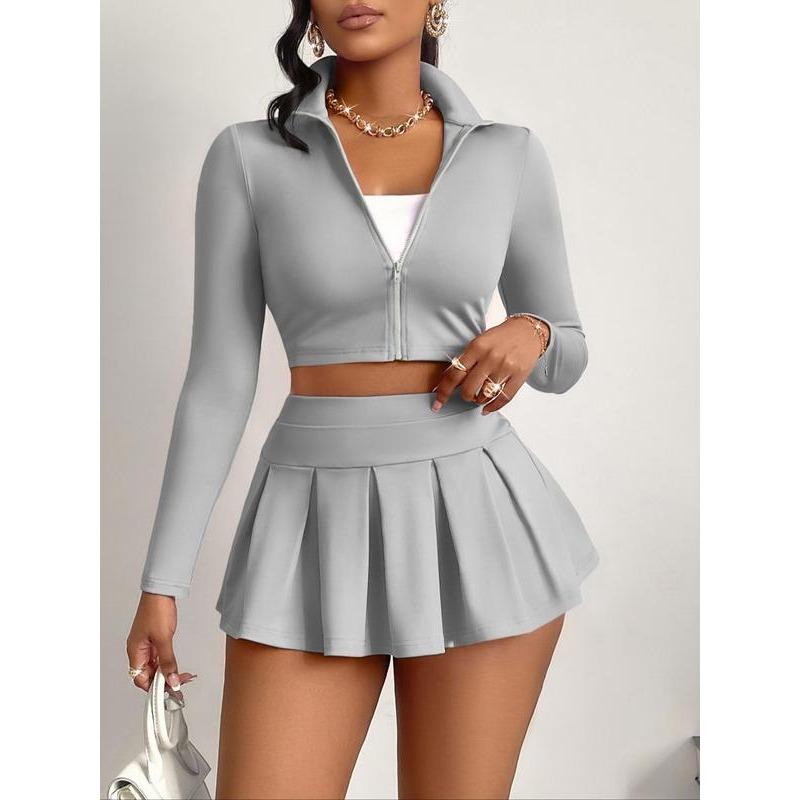 Women's Solid Zip Up Crop Jacket & High Waist Skirt Two-piece Set, Casual Fashion Cozy Two Piece Outfits for Daily Outdoor Wear, Women Clothes for Spring Fall 5