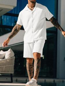 Men's Solid Color Short Sleeve Shirt & Shorts Two-piece Set, Casual Top & Shorts, Summer Outfits Clothes Set for Men