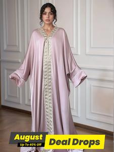 Women's Lace Embellishment V Neck Abaya, Modest Long Sleeve Maxi Dress for Party Wedding Guest, Formal Ladies Islamic Clothing for All Seasons, Modesty Abaya, Loose Abayas, Floral Embellished Abaya