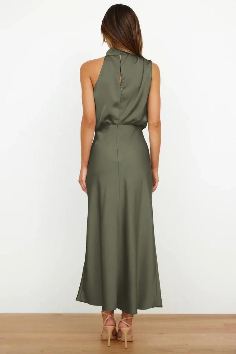 Product Introduction of 2025 Spring/Summer Long Dress for Women High Waist Halter Satin Sleeveless Dress Fashion Elegant Solid Evening Party Dresses 2