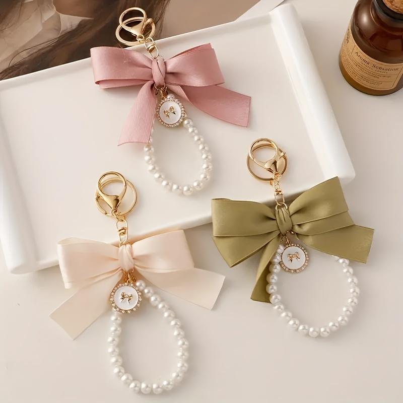Elegant Large Bow & Pearl Keychain - Chic Pastel Ribbon Tassel Accessory with Golden-Tone Clasp for Bags & Earphone Cases, Ideal Mother's Day Gift 1