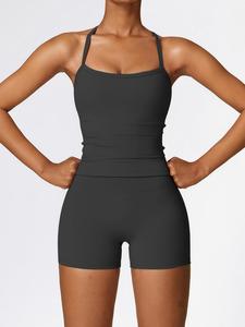 Women's Solid Backless Cami Top & Skinny Shorts Tracksuit Set, Sporty Casual Comfy Breathable Sleeveless Top & Shorts Set for Yoga Gym Workout Running, Ladies Sportswear for All Seasons, Athleisure Breathable Clothes