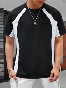 Men's Contrast Trim Short Sleeve Tee, Loose Casual Round Neck T-shirt for Summer, Fashion Men's Top for Daily Wear, Tropical