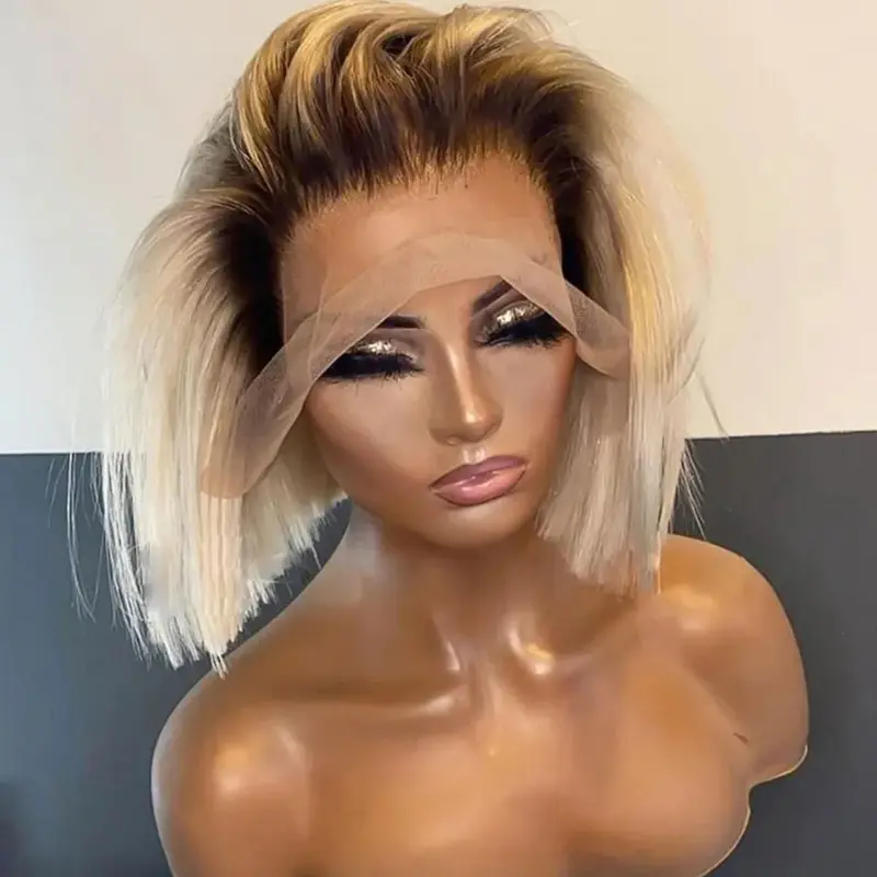 Short Bob Wig Ombre Blonde Lace Front Synthetic Wigs For Women Straight 150 Density 13x3 Colored Dark Roots Glueless Wig 1