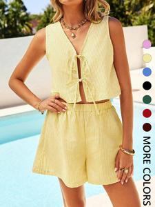 Two-piece Set Women's Plaid / Stripes Print Crop Tank Top & High Waist Shorts, Casual Sleeveless Top & Wide Leg Shorts for Summer, Ladies Clothes for Daily Wear