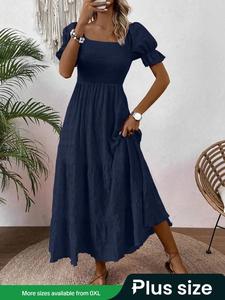 【Plus Size】 Solid Color Square Neck Dress, Plus Casual Shortsleeve Shirred Dress for Summer, Women's Plus Clothing for Daily Wear, Plus Size Dresses, Sundress, Holiday Dresses, Casual Comfy Boho Womenswear