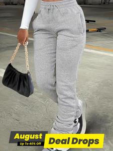 Women's Plain Pocket Drawstring Waist Stackable Sweatpants, Casual Basic Stack Pants for Daily Wear, Ladies' Bottoms for All Seasons, Casual Sports Pants, Fitness Training Pant, Stretch Fabric Activewear, Solid Pockets Sweatpants