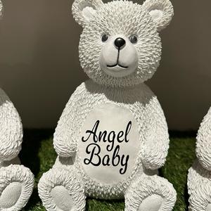 Angel baby Teddy bear graveside memorial with black glitter