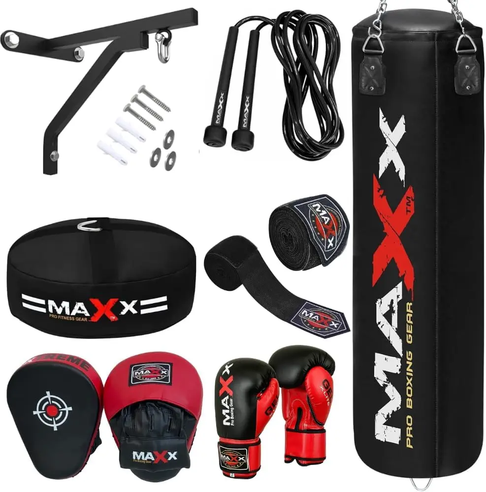Maxx Gym Set 3FT TO 5FT Boxing Punch Bag Set with Gloves, Focus Pads, Floor Anchor Bracket, Rope, Hand Wraps, and Chain – Complete Training Equipment Package