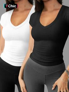 Solid Color Casual Slim-Fit Short Sleeve T-Shirt, Summer Thin Kint Fabric, Comfortable & Stylish Tee for Women, Casual Fashionable Top