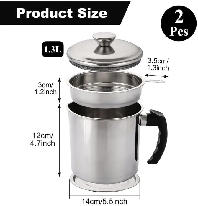 2 Pcs Oil Strainer Pot Grease Can, 1.3L Stainless Steel Oil Container with Strainer, Bacon Grease Container with Lid and Non-Slip Plate for Storing Frying Oil and Cooking Grease 6