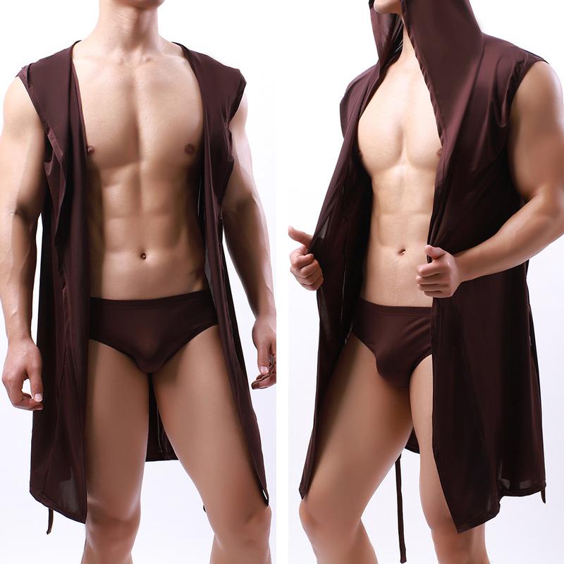 European Style Men's Bathrobe Cool Milk Silky Men's Hooded Sleeveless Thin Pajama Set with Underwear 2