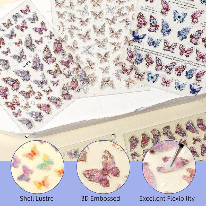 Colorful Butterfly Holographic Nail Stickers 5D Embossed Decals for Women Girls DIY Nails Art Decorations - Cutics, Polish 4