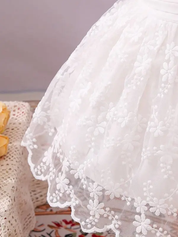 Baby Girl Sweet Embroidered Mesh Dress With Bowknot Decoration And Bubble Sleeves, Summer 6