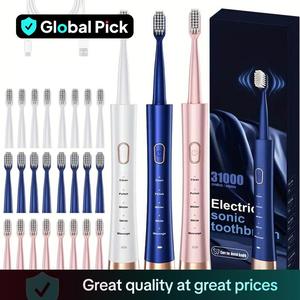 Portable Electric Toothbrush, 1 Box Rechargeable Sonic Teeth Cleaning Toothbrush with 8 Counts Replacement Detachable Brush Heads, Intelligent Timer Toothbrushes for Adults