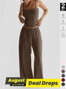 Women's Solid Cami Top & Wide Leg Pants Loungewear, Casual Minimalist Comfy Pyjama Set for Women, Women's Sleepwear for Summer, Homewear, Basic Lounge Sets