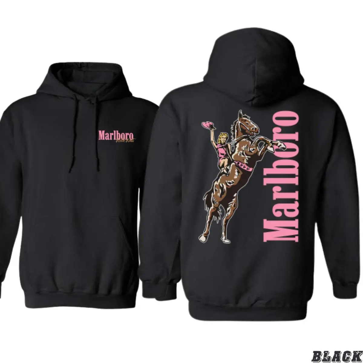 MarIboro Bold Graphic Cowboy Horseback Design Hoodie, Sweatshirt, T-Shirt, Perfect For Western Style Enthusiasts, Ideal For Casual And Iconic Wear, Comfortable and Trendy Cotton Womenswear