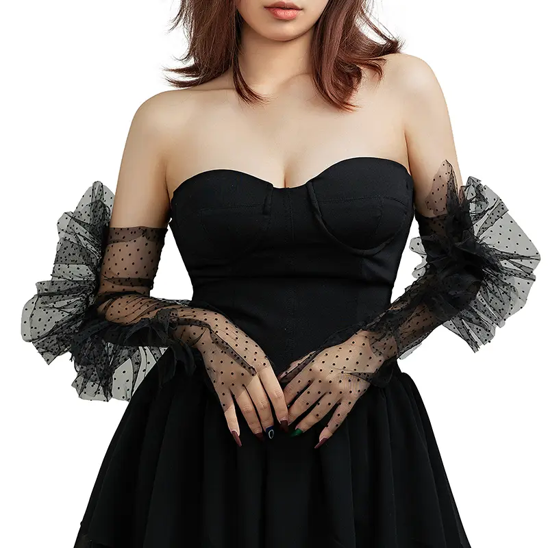 Women Long Tulle Gloves Stretchy Sexy Lace Short Full Finger Mittens Lotus Leaf Sheers Elegant Lady Driving Dot Wedding Gloves 2