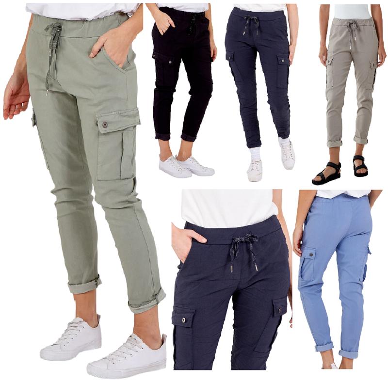 Shelly Cargo Magic Trousers  Ladies Magic Super Stretch Italian Side Pocket  Womens Crushed Casual Leggings Drawstring 8-22 Womenswear Lady Pants Stretchy Comfort Basic Fabric Fit 0