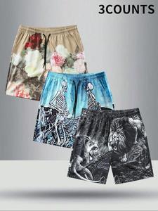 Men's Regular Fit Skull & Floral & Animal Print Shorts, Casual Comfy Breathable Shorts for Summer, Men's Bottoms for Beach Vacation