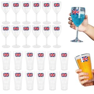 Union Jack Pint & Wine Glasses 12 Pack Party Supplies Set - British Themed Disposable - Drinkware VE Day 80th Anniversary