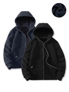 Men's Solid Zip Up Drawstring Thermal Lined Hooded Jacket, Loose Casual Long Sleeve Pocket Outerwear for Fall & Winter, Men's Clothes for Daily Wear