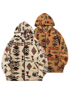 Men's Ethnic Pattern Zip Up Hoodie, Casual Loose Long Sleeve Hooded Sweatshirt for Fall & Winter, Men's Clothes for Daily Wear
