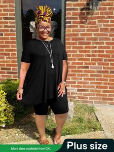 【Plus Size】 Solid Ribbed Top & Shorts Two-piece Set, Casual Fashion Cozy Two Piece for Daily Outdoor Wear, Women Clothing for All Seasons, Womenswear, Casual Outfits Women