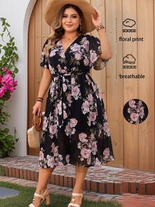 【Plus Size】 Floral Print V Neck Dress, Plus Casual Short Sleeve Dress for Summer, Women's Plus Clothing for Daily Wear, Womenswear