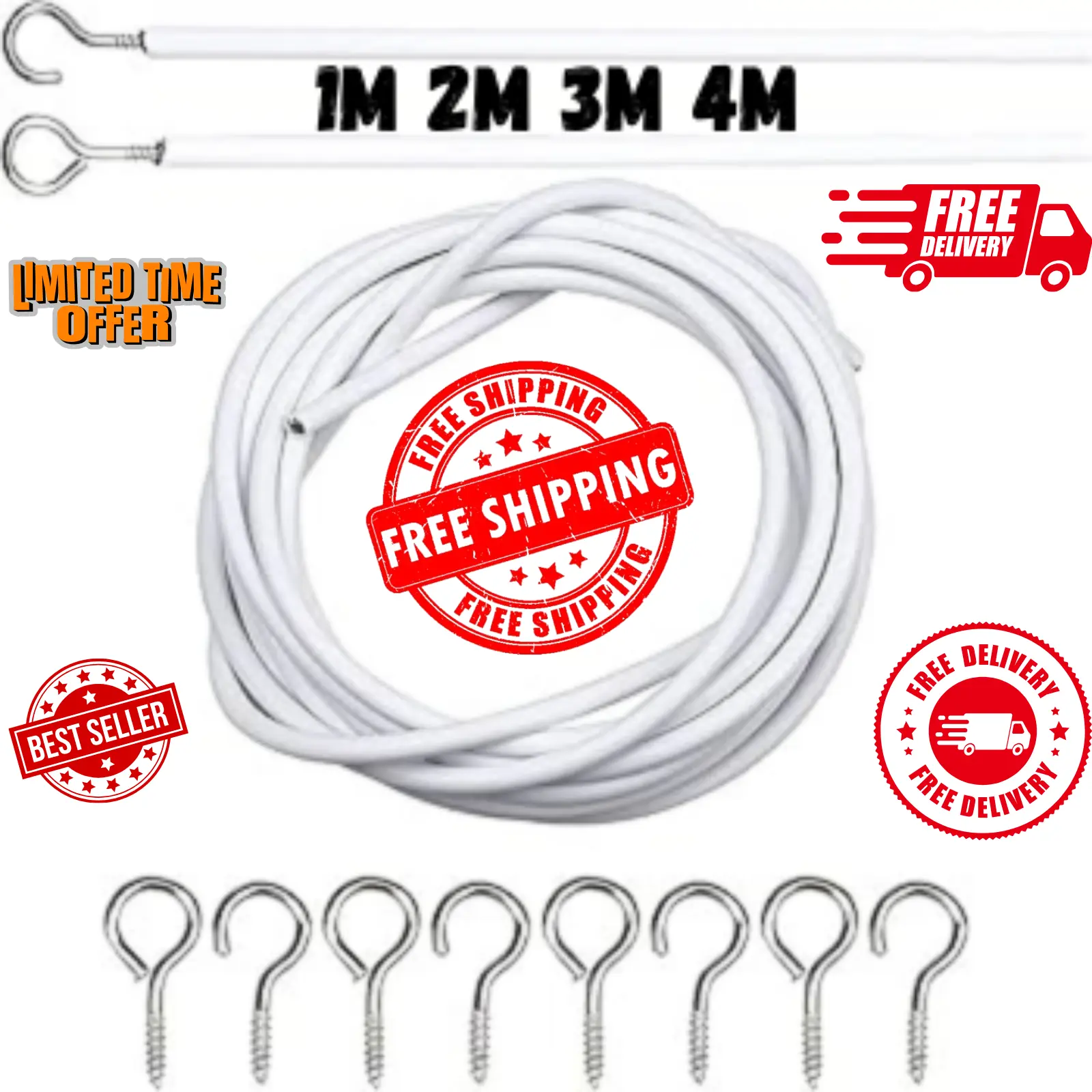 "Durable White Curtain Wire with Hooks & Eyes – Strong & Flexible Hanging Solution for Net Curtains, Voiles & Light Drapes – Easy to Cut & Install!"
