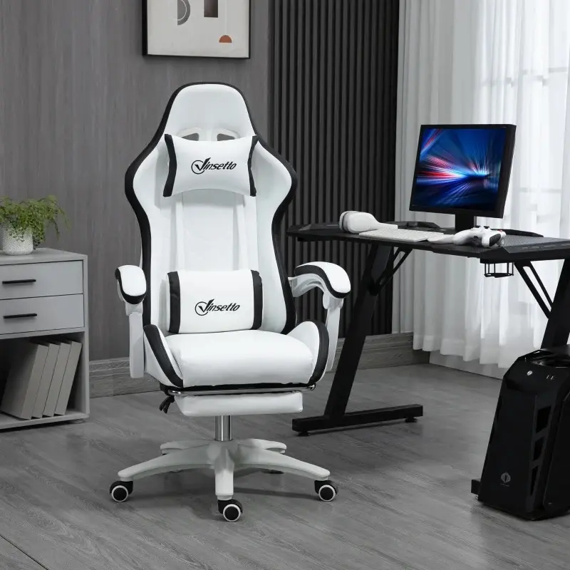Black & White PU Gaming Chair with Footrest, Neck Pillow, Swivel Base - Perfect For Long Gaming Sessions