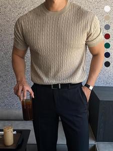 Summer Clothes Men's Plain Round Neck Cable Knit Top, Slim Casual Crew Neck Knitwear for Spring & Summer, Menswear for Daily Wear, National Day Clothing