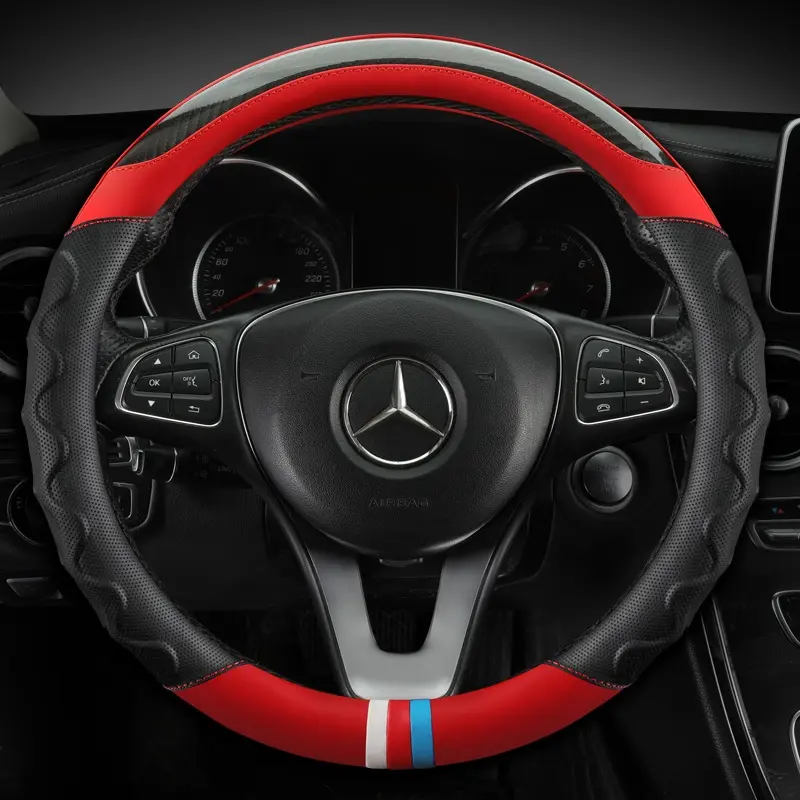 UNIVERSAL CAR STEERING WHEEL COVER ANTI-SLIP RED MESH RUBBER & CARBON 15"/38CM taxi uber and amazon flex driver upgrade stylish 0