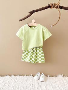 Baby's Plaid Print Short Sleeve Tee & Shorts Two-piece Outfit Set, Casual Round Neck T-shirt & Shorts for Daily Wear, Newborn Infant Kids Summer Clothes, Baby Clothes Girl, Baby Clothing, Newborn Gift Set