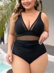 Plus Size Sexy Contrast Mesh V Neck One-piece Swimsuit, Women's Adjustable Strap Swimwear for Summer, Summer Outfits 2024, Ladies Plus Size Swimwear for Beach Holiday Vacation