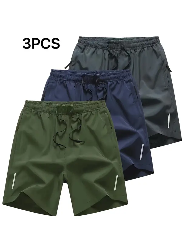 New summer men's breathable quick-drying 3-pack sports shorts - drawstring design + anti-theft zipper pocket black technology fabric essential equipment for hiking and running" 1