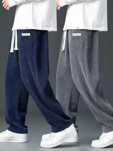 Men's Letter Patched Corduroy Sweatpants, Casual Comfy Straight Leg Trousers for Fall & Winter, Men's Bottoms for Daily Wear