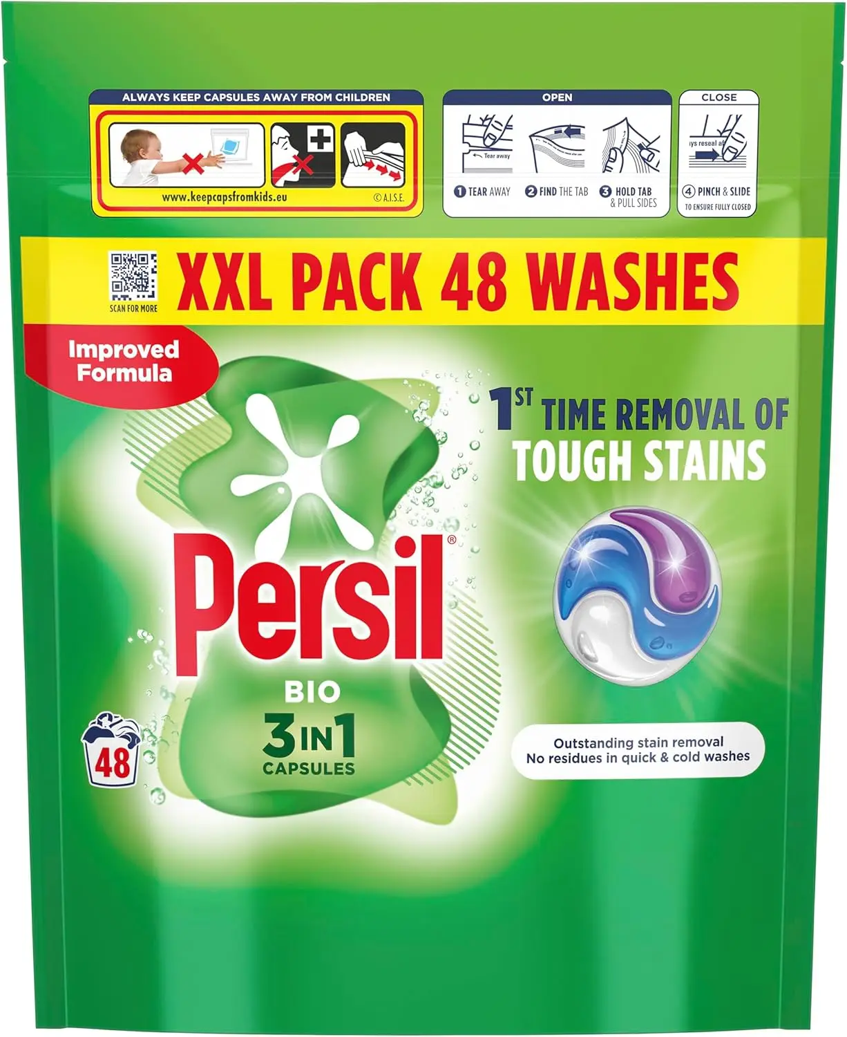 Bio 3 in 1 Washing Capsules 1st time removal of tough stains outstanding stain removal in quick & cold washes 48 washes