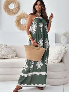 Women's Sleeveless Graphic Print Dress, Casual Bohemian Long Dress for Summer, Ladies Clothes for Beach Holiday Vacation, Womenswear, Boho Clothes Women, Casual Loose Dress, Backless Sleeveless Dresses