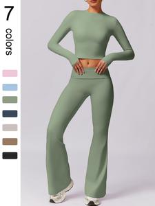 Two-piece Set Women's Plain Long Sleeve Crop Top & Flare Leg Pants, Cute Winter Outfits, Round Neck Top & Bell Bottom Trousers for Daily Outdoor, Ladies Sportswear for All Seasons, Gym Sets for Women, Tracksuit