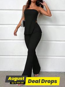 Two-Piece Set Women's Solid Split Hem Strapless Tube Top & High Waist Pants Set, Elegant Fashion Casual Two Piece Outfits for Daily Outdoor Wear, Ladies Clothes for Summer, Matching Clothing Set